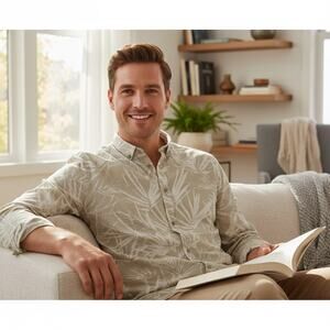 Zara Men’s Large Slim Fit Palm Print Button Shirt Beige Casual Resort Style